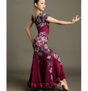 Purple floral green  printed  one shoulder sexy women's ladies female competition performance latin ballroom dance dresses sets